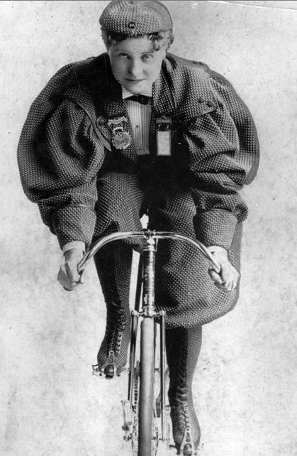 Tillie Anderson Shoberg wears a costume worn by women cyclists in the early 1890s. Shoberg was known as 'Tillie the Terrible Swede.'An immigrant from Sweden, Tillie was known as the best female bicyclist in the late 1800s. She compe